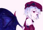  1girl alternate_color alternate_costume bat_wings blue_hair bow colored_pencil_(medium) detached_sleeves hat hat_bow ko_(kichidere) looking_at_viewer marker_(medium) millipen_(medium) mob_cap pointy_ears red_eyes remilia_scarlet short_hair simple_background smile solo touhou traditional_media upper_body wings 