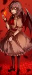  1girl ascot bat_wings black_legwear blood blood_splatter brooch dress eredhen fang flame full_body highres jewelry lavender_hair looking_at_viewer no_hat open_mouth pink_dress puffy_short_sleeves puffy_sleeves red_eyes remilia_scarlet short_sleeves slit_pupils solo touhou wings wrist_cuffs 