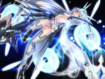  1girl backless boots breasts code:_battle_seraph_(elsword) electricity elsword eve_(elsword) expressionless leotard long_hair looking_back magic_circle mecha_musume shimo_(depthbomb) sideboob solo thigh-highs thigh_boots white_boots white_hair yellow_eyes 