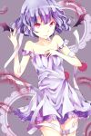 1girl alternate_costume bangs bare_shoulders bat_wings collarbone cowboy_shot dress feathers flipped_hair frilled_dress frills glowing glowing_eyes grey_background hair_between_eyes hand_on_own_chest highres lavender_dress lavender_hair looking_at_viewer mini_wings off_shoulder pointy_ears red_eyes remilia_scarlet ribbon shiny shiny_hair short_hair simple_background solo tareme tongue tongue_out touhou wings yuusei_tsukiro 