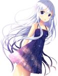  1girl arms_behind_back bare_shoulders blush breasts dress hair_between_eyes long_hair looking_at_viewer natsume3304 night night_sky open_mouth original short_dress silver_hair simple_background sky solo straight_hair violet_eyes white_background 