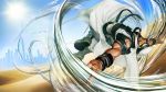  1boy arabian_clothes beard belt brown_eyes dark_skin desert facial_hair goatee harness highres keffiyeh mustache official_art rashid_(street_fighter) scouter shoes skyline sneakers street_fighter street_fighter_v wind wristband 