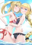  2girls absurdres arm_around_waist arms_around_waist bikini bikini_skirt black_hairband blonde_hair blue_sky blush braid breast_press breasts clouds earrings fate/grand_order fate_(series) green_eyes hair_between_eyes hair_intakes hairband hand_on_hip highres jeanne_d&#039;arc_(fate) jeanne_d&#039;arc_(fate)_(all) jewelry large_breasts long_hair looking_at_viewer medium_hair multiple_girls navel nero_claudius_(fate) nero_claudius_(fate)_(all) ocean ponytail scrunchie sideboob sidet single_braid sky smile strap_gap striped striped_bikini swimsuit symmetrical_docking twintails umirororo wading water wrist_scrunchie 