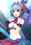  1girl breasts cleavage drill_hair hairband idolmaster idolmaster_cinderella_girls kanzaki_ranko lolita_hairband long_hair midriff muryou open_mouth red_eyes silver_hair smile solo twin_drills twintails wings 