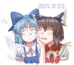  2girls animal_ears blue_hair bow brown_hair cat_ears chen cirno closed_eyes collared_shirt dated fang frown hair_bow hand_on_own_face ice ice_wings kabu_(yuyuibob) multiple_girls mundane_utility neck_ribbon no_hat open_mouth pointy_ears ribbon shirt short_hair short_sleeves sketch sweatdrop touhou white_background wings 