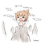  1girl =_= alternate_costume artist_name brown_hair commentary crying diaper folded_ponytail inazuma_(kantai_collection) kantai_collection kotanuki_329 long_sleeves mountain open_mouth ponytail solo tears translated wavy_mouth younger 