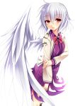  1girl bow bowtie jacket k_liss_s kishin_sagume red_eyes short_hair silver_hair simple_background single_wing solo touhou wings 