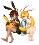  2boys animal_ears aqua_eyes barefoot blonde_hair brown_hair bunny_tail child crescent_moon dark_skin eyepatch male_focus moon multiple_boys necktie one_eye_closed ookurikara pikachu pokemon pun rabbit_ears shokudaikiri_mitsutada shorts sweater_vest tail tattoo touken_ranbu verus yamanbagiri_kunihiro yellow_eyes younger 