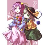  2girls eyeball green_eyes green_hair hairband hat hat_ribbon heart komeiji_koishi komeiji_satori long_sleeves looking_at_another minust multiple_girls open_mouth pink_hair ribbon shirt short_hair siblings sisters skirt smile string third_eye touhou violet_eyes wide_sleeves 