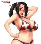  +_+ 1girl arm_behind_head bikini black_hair blush breasts erkaz glasses hand_on_hip headphones internet_positif ipo-chan large_breasts red-framed_glasses red_eyes side_ponytail simple_background solo swimsuit swiss_flag white_background 