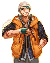  1boy beanie blue_hair fingerless_gloves gloves grin hand_in_pocket hat jewelry male_focus necklace one_eye_closed red_eyes scar sleeveless sleeveless_hoodie smile tattoo touken_ranbu verus yamabushi_kunihiro 