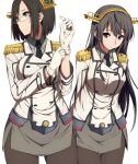  2girls adjusting_clothes adjusting_gloves black_eyes black_hair breasts brown_eyes cosplay glasses gloves hairband haruna_(kantai_collection) highres kantai_collection katori_(kantai_collection) katori_(kantai_collection)_(cosplay) kirishima_(kantai_collection) large_breasts long_hair matching_outfit miniskirt multiple_girls pantyhose revision sblack short_hair side-by-side skirt uniform 