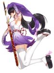 1girl black_hair bowtie breasts detached_sleeves dress eyeshadow full_body holding_sword holding_weapon kfr long_hair looking_at_viewer makeup original redhead sandals sheath simple_background smile solo sword thigh-highs unsheathing very_long_hair weapon white_background white_legwear 
