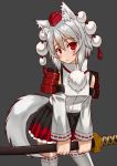 1girl :&lt; animal_ears bare_shoulders black_background blush breasts detached_sleeves gankon hat highres inubashiri_momiji katana looking_at_viewer pom_pom_(clothes) red_eyes short_hair silver_hair simple_background skirt solo sword tail thigh-highs tokin_hat touhou weapon white_background wolf_ears wolf_tail 