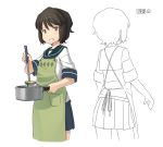  1girl apron brown_eyes brown_hair character_name cropped_legs food from_behind grin hayashi_naoharu kantai_collection ladle looking_at_viewer miyuki_(kantai_collection) multiple_views pot school_uniform short_hair simple_background skirt smile solo soup tagme white_background 