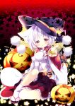  1girl alternate_headwear animal_ears autumn_leaves candy detached_collar hat hat_ribbon hikanyan inubashiri_momiji jack-o&#039;-lantern lollipop long_sleeves looking_at_viewer mouth_hold outstretched_arm pink_eyes pom_pom_(clothes) ribbon shirt silver_hair sitting skirt smile solo tail touhou wide_sleeves witch_hat wolf_ears wolf_tail 