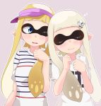  2girls :3 blonde_hair blue_eyes blush closed_eyes domino_mask fangs hair_ornament hairclip inkling leaning_on_person long_hair mask multiple_girls one_eye_closed pointy_ears smile splatoon tentacle_hair uni_mmtab visor_cap yuri 