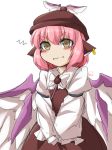  1girl angry animal_ears bird_wings blush brown_eyes commentary dress fun_bo jewelry juliet_sleeves long_sleeves looking_at_viewer mystia_lorelei pink_hair pout puffed_cheeks puffy_sleeves short_hair single_earring solo squiggle touhou v_arms winged_hat wings 