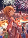  4girls :o aerial_fireworks akatsuki_(kantai_collection) beize_(garbage) black_hair blue_eyes brown_eyes brown_hair candy_apple dutch_angle error_musume failure_penguin fang festival fireworks girl_holding_a_cat_(kantai_collection) hair_ornament hairclip hibiki_(kantai_collection) ikazuchi_(kantai_collection) inazuma_(kantai_collection) japanese_clothes kantai_collection kimono lantern long_sleeves looking_at_viewer looking_back miss_cloud multiple_girls night night_sky open_mouth outdoors outstretched_arm outstretched_hand short_hair silver_hair sky smile stall water_yoyo wide_sleeves yukata 