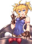  1girl armlet bare_shoulders belt black_gloves blonde_hair blue_eyes bodysuit covered_navel fi-san fingerless_gloves gloves goggles goggles_on_head granblue_fantasy highres open_mouth pengi_(granblue_fantasy) short_hair short_twintails shorts solo twintails 