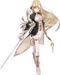  1girl atelier_(series) atelier_sophie blonde_hair boots brown_eyes cross-laced_footwear full_body glasses half_updo knee_boots lace-up_boots long_hair monika_ellmenreich official_art pants rapier smile solo standing sword takekono uniform weapon white_boots white_pants 