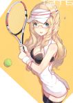  1girl ball blonde_hair blue_eyes bracelet breasts cleavage dress earrings glasses hadean92 highres jewelry long_hair original racket revision solo tennis_ball tennis_racket thigh-highs visor_cap wristband zettai_ryouiki 