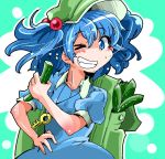  1girl backpack bag blue_eyes blue_hair cucumber grin hair_bobbles hair_ornament hand_on_hip hat highres kawashiro_nitori key one_eye_closed shinapuu short_hair skirt smile solo touhou twintails two_side_up 