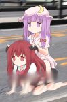  &gt;_&lt; 2girls all_fours barefoot closed_eyes crescent_hair_ornament demon_wings hair_ornament hat head_wings koakuma long_hair mickeysmith multiple_girls patchouli_knowledge purple_hair red_eyes redhead road running sitting sitting_on_person sweatdrop touhou violet_eyes wings 