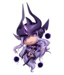  1girl breasts chibi cleavage ear_protection forehead_jewel forehead_protector full_body highres kumiko_(aleron) league_of_legends lipstick long_hair makeup orb pauldrons purple_hair purple_lipstick solo syndra thigh-highs toeless_legwear vambraces very_long_hair violet_eyes 