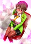  1girl braid breasts brown_hair chair hands_on_thighs idolmaster idolmaster_cinderella_girls large_breasts office_chair office_lady pantyhose pencil_skirt perepere-kun red_eyes senkawa_chihiro single_braid sitting skirt solo steam sweat 