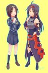  2girls absurdres black_hair breastplate detached_sleeves dual_persona fingerless_gloves gloves hairband highres konno_yuuki_(sao) long_hair multiple_girls pointy_ears purple_hair red_eyes rokettopencil school_uniform short_hair spoilers sword_art_online yuuki_(sao) 