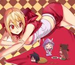  1boy 3girls breast_press chibi commentary_request cookie eating food hair_ribbon hat hood little_red_riding_hood lying multiple_girls on_stomach original red_eyes red_skirt restrained ribbon shaded_face skirt sleeveless smile squiggle zhen_lu 
