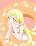  1girl :d blonde_hair blush doughnut dress fang food highres hii_(hii101) long_hair monogatari_(series) open_mouth oshino_shinobu smile solo twintails yellow_eyes 