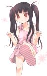  1girl alternate_hairstyle black_hair casual from_below heart heart-shaped_pupils highres houraisan_kaguya long_hair mickeysmith red_eyes sandals soles solo symbol-shaped_pupils touhou twintails younger 