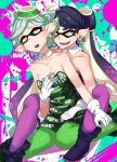  +_+ 2girls aori_(splatoon) bare_shoulders breasts cleavage collarbone detached_collar dress earrings firefly gloves green_legwear hat highres hotaru_(splatoon) hug hug_from_behind jewelry long_hair looking_at_viewer mask mole mole_under_eye multiple_girls open_mouth pantyhose pointy_ears purple_legwear short_hair sitting smile splatoon splatter strapless_dress tentacle_hair wariza white_gloves yellow_eyes yumoteliuce yuri 