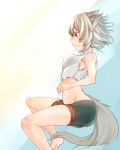  1girl adapted_costume alternate_costume animal_ears barefoot clenched_teeth crop_top crop_top_overhang gradient gradient_background highres hofuriko inubashiri_momiji midriff no_hat profile red_eyes short_hair shorts silver_hair sleeveless solo tail touhou wolf_ears wolf_tail 