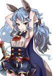  1girl animal_ears armpits arms_up blue_hair brown_gloves brown_hair earrings ferri_(granblue_fantasy) gloves granblue_fantasy jewelry parted_lips pupps simple_background solo white_background 