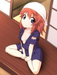  1girl brown_hair crossed_legs downblouse from_above highres koshigaya_natsumi long_hair looking_at_viewer non_non_biyori open_clothes open_shirt purple_hair shirt sitting small_breasts smile solo takeda_yukimura 