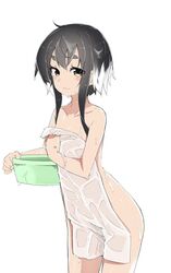  1girl ariyoshi_gen black_hair blush eyebrows kantai_collection looking_at_viewer multicolored_hair naked_towel simple_background smile solo thick_eyebrows tokitsukaze_(kantai_collection) towel two-tone_hair wet white_hair yellow_eyes 