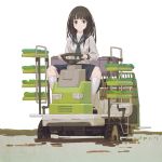  &gt;:) 1girl bangs black_hair black_skirt blunt_bangs brown_shoes chitanda_eru closed_mouth collarbone full_body hyouka jq kneehighs long_sleeves looking_at_viewer mary_janes motor_vehicle plant pleated_skirt pond potted_plant riding shoes shore sidelocks simple_background sitting skirt smirk solo spread_legs steering_wheel tareme vehicle violet_eyes water wheels white_background white_legwear 