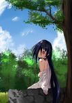  1girl azumawari_(azumofu) bangs black_hair bleeding blood blue_sky blush clothes_down clouds commentary_request dress dress_pull forest from_side grass hair_between_eyes hair_over_one_eye injury long_hair looking_at_viewer looking_to_the_side nape nature one_eye_covered outdoors red_eyes shade shiny shiny_hair sitting sky solo sweatdrop tareme the_ring tree upper_body very_long_hair well white_dress yamamura_sadako 