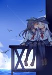  2girls akatsuki_(kantai_collection) aqua_eyes bird black_hair black_legwear blue_sky blush cheek_kiss closed_eyes clouds condensation_trail hat hibiki_(kantai_collection) kantai_collection kiss long_hair long_sleeves multiple_girls neckerchief ocean one_eye_closed pantyhose sailor_hat school_uniform serafuku shirt silver_hair sitting skirt sky very_long_hair water yetworldview_kaze yuri 