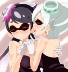  2girls aori_(splatoon) back bangs bare_shoulders black_hair blush breasts cleavage closed_eyes detached_collar dress earrings food food_on_head gloves hotaru_(splatoon) hug interlocked_fingers jewelry long_hair mask mole mole_under_eye multiple_girls object_on_head open_mouth short_hair silver_hair splatoon strapless_dress sushi swept_bangs tongue tongue_out uni_mmtab upper_body white_gloves yuri 