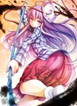  1girl ahoge bangs expressionless fighting fox_mask hata_no_kokoro long_hair long_sleeves mask mask_on_head motion_blur naginata one_leg_raised pink_hair plaid plaid_shirt polearm red_skirt shirt skirt socks solo touhou uousa very_long_hair violet_eyes weapon white_legwear 