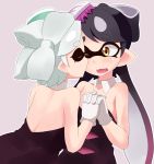  2girls aori_(splatoon) bangs bare_back black_hair blush closed_eyes detached_collar dress earrings eyebrows fangs food food_on_head gloves hotaru_(splatoon) interlocked_fingers jewelry kiss long_hair mask mole mole_under_eye multiple_girls object_on_head one_eye_closed open_mouth pointy_ears short_hair silver_hair splatoon uni_mmtab wavy_mouth white_gloves yuri 