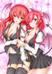  2girls armband bat_wings black_legwear blush bra breasts cleavage demon_tail dual_persona garter_straps head_wings heart highres holding_hands koakuma long_hair long_sleeves looking_at_viewer midriff miniskirt multiple_girls navel necktie open_mouth puffy_sleeves red_eyes redhead shirt short_hair skirt skirt_set sturm_(arowana_kingyo) tail thigh-highs touhou unbuttoned underwear vest wings zettai_ryouiki 