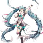  1girl absurdly_long_hair ahoge aqua_eyes aqua_hair arm_up boots dress gloves hair_ribbon hatsune_miku high_heels long_hair one_eye_closed open_mouth ribbon solo standing_on_one_leg thigh-highs thigh_boots thigh_strap twintails very_long_hair vocaloid white_background 