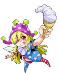  1girl american_flag_legwear american_flag_shirt blonde_hair clownpiece fairy_wings food hat highres ice_cream jester_cap long_hair one_eye_closed pantyhose red_eyes shinapuu smile solo star striped tongue tongue_out touhou very_long_hair wings 