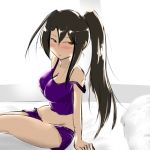  1girl black_hair blush breasts cleavage commentary_request kantai_collection kirin_(parko) long_hair looking_at_viewer nachi_(kantai_collection) off_shoulder orange_eyes purple_shorts short_shorts shorts sitting strap_slip waking_up 