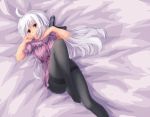  1girl ahoge bed black_legwear blush breasts long_hair looking_at_viewer lying pantyhose ponytail red_eyes ribbon silver_hair smile solo thighband_pantyhose very_long_hair vocaloid voyakiloid yowane_haku 